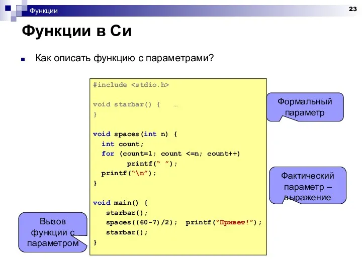 Функции Функции в Си Как описать функцию с параметрами? #include