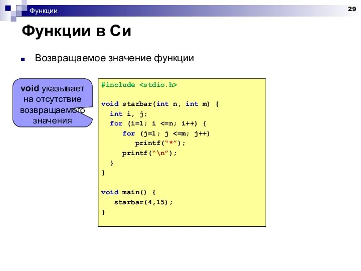 Функции Функции в Си Возвращаемое значение функции #include void starbar(int