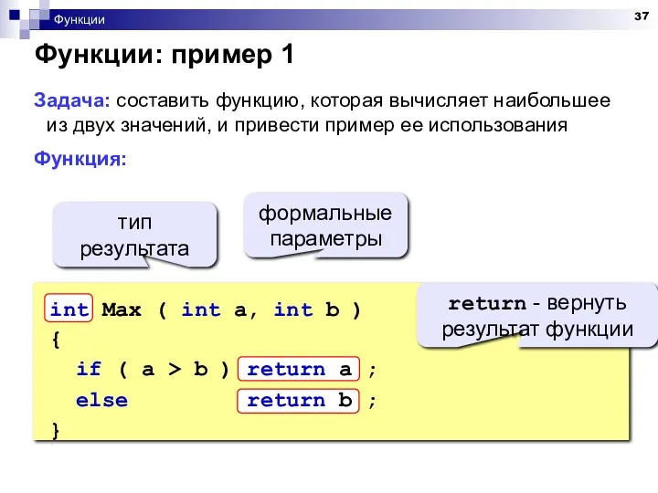 Функции Функции: пример 1 Задача: составить функцию, которая вычисляет наибольшее