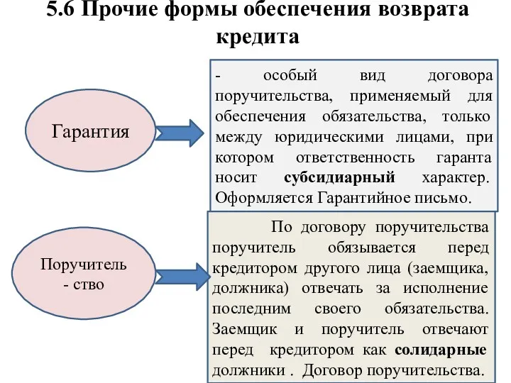 5.6 Прочие формы обеспечения возврата кредита Гарантия Поручитель- ство -