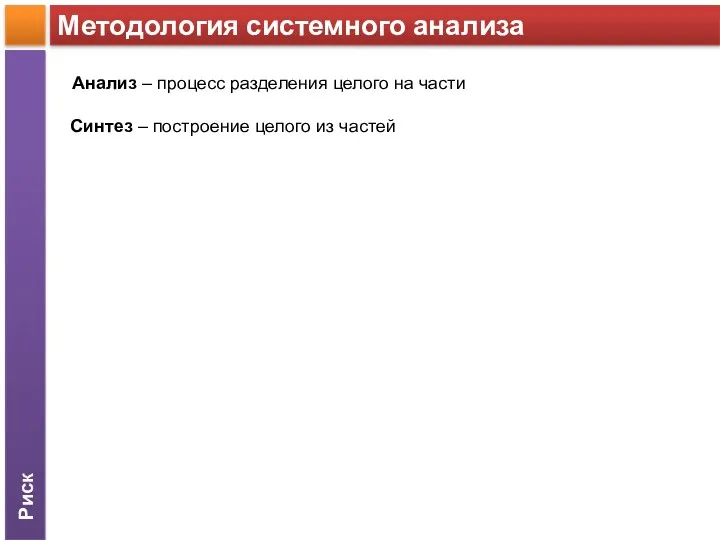 Риск Методология системного анализа Анализ – процесс разделения целого на