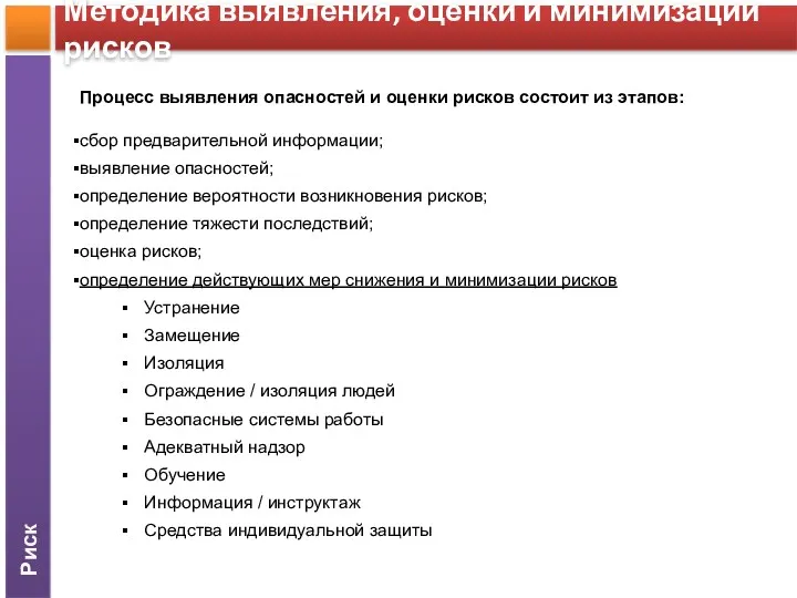 Риск Методика выявления, оценки и минимизации рисков Процесс выявления опасностей