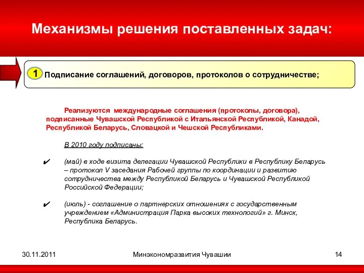 30.11.2011 Минэкономразвития Чувашии Механизмы решения поставленных задач: Подписание соглашений, договоров,