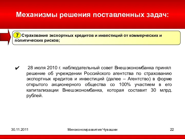 30.11.2011 Минэкономразвития Чувашии Механизмы решения поставленных задач: Страхование экспортных кредитов