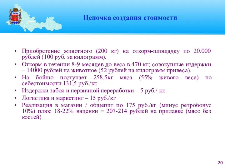 Цепочка создания стоимости Приобретение животного (200 кг) на откорм-площадку по