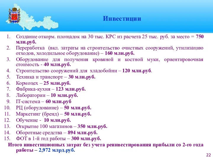 Инвестиции Создание откорм. площадок на 30 тыс. КРС из расчета