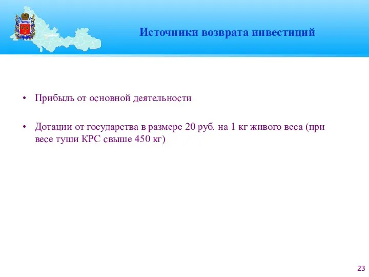 Источники возврата инвестиций Прибыль от основной деятельности Дотации от государства