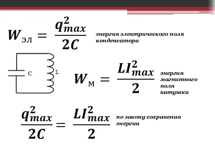 энергия электрического поля конденсатора энергия магнитного поля катушки по закону сохранения энергии