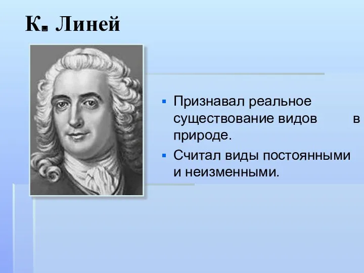 К. Линей Признавал реальное существование видов в природе. Считал виды постоянными и неизменными.