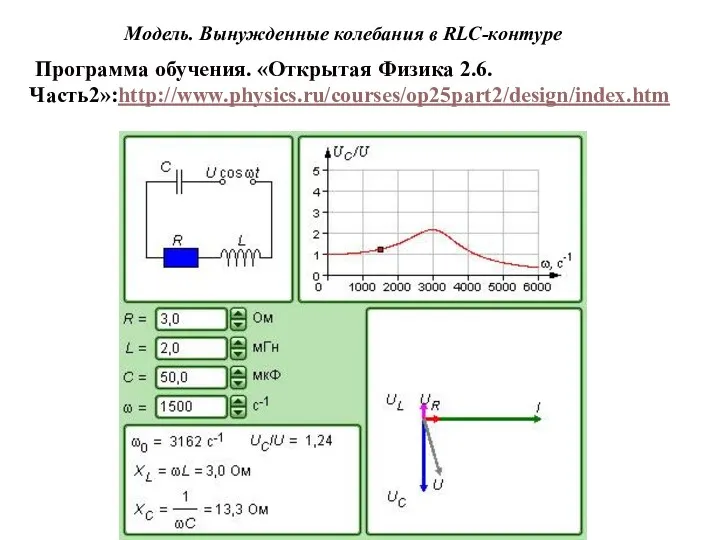 Модель. Вынужденные колебания в RLC-контуре Программа обучения. «Открытая Физика 2.6. Часть2»:http://www.physics.ru/courses/op25part2/design/index.htm