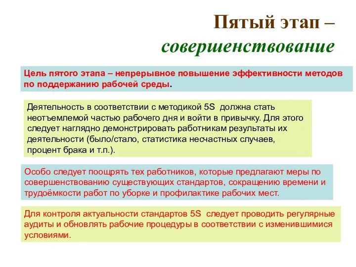 Пятый этап – совершенствование Цель пятого этапа – непрерывное повышение эффективности методов по