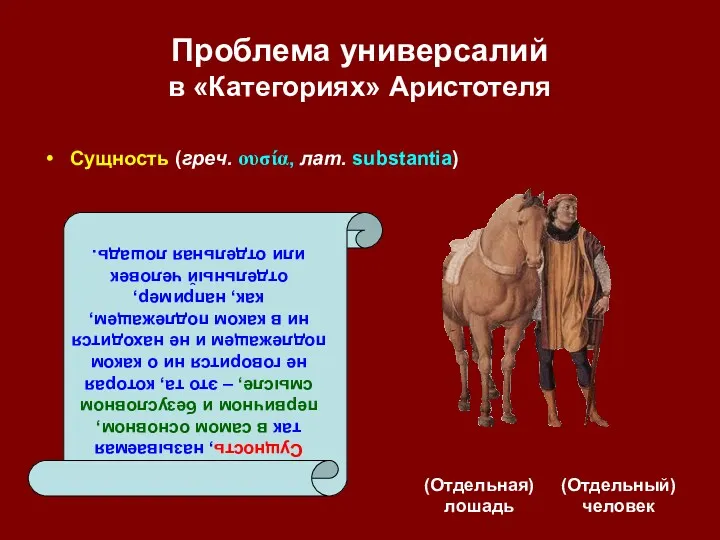 Проблема универсалий в «Категориях» Аристотеля (Отдельная) лошадь (Отдельный) человек Сущность,