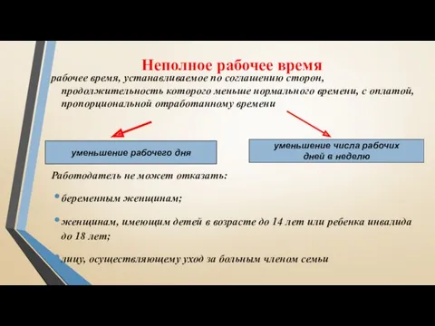 Неполное рабочее время рабочее время, устанавливаемое по соглашению сторон, продолжительность которого меньше нормального