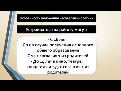 Особенности положения несовершеннолетних Устраиваться на работу могут: С 16 лет С 15 в