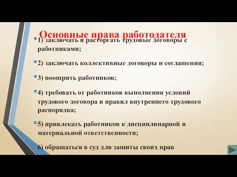 1) заключать и расторгать трудовые договоры с работниками; 2) заключать