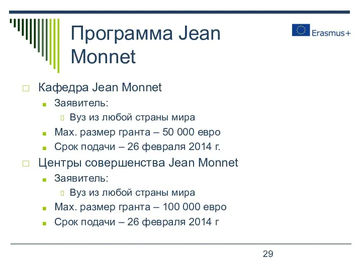 Программа Jean Monnet Кафедра Jean Monnet Заявитель: Вуз из любой страны мира Мах.