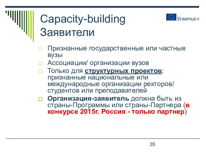 Capacity-building Заявители Признанные государственные или частные вузы Ассоциации/ организации вузов