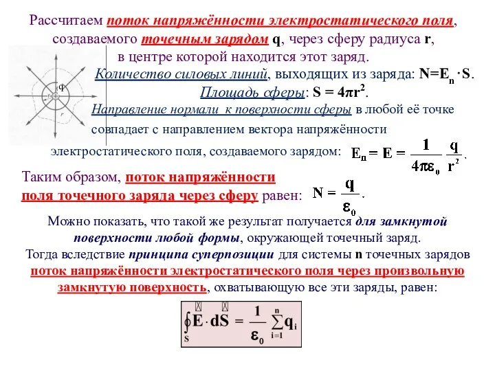 Рассчитаем поток напряжённости электростатического поля, создаваемого точечным зарядом q, через