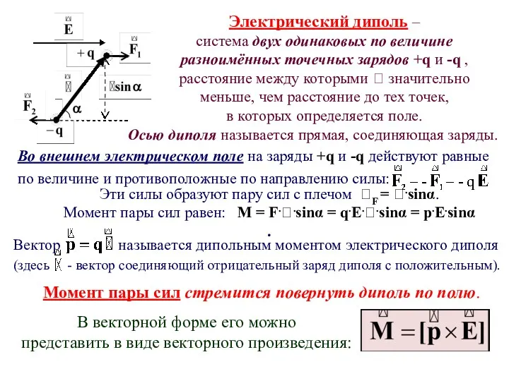 Во внешнем электрическом поле на заряды +q и -q действуют