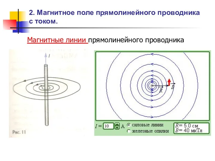 Магнитные линии прямолинейного проводника 2. Магнитное поле прямолинейного проводника с током.
