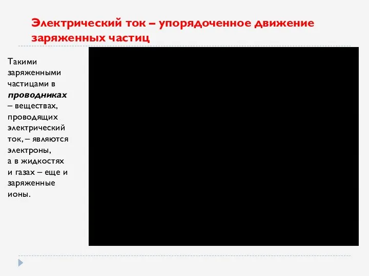 Электрический ток – упорядоченное движение заряженных частиц Такими заряженными частицами