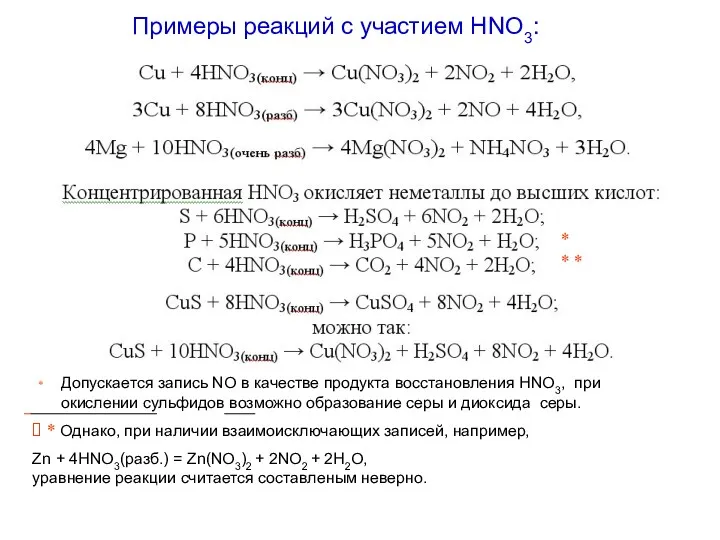 Примеры реакций с участием HNO3: Допускается запись NO в качестве