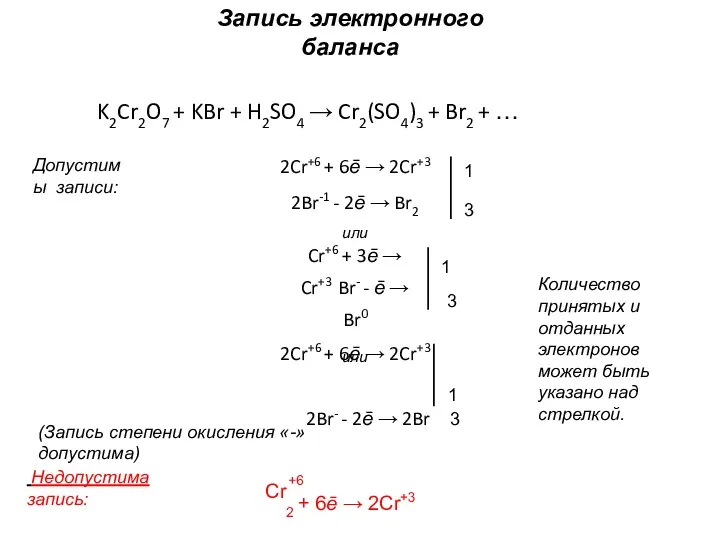 Запись электронного баланса K2Cr2O7 + KBr + H2SO4 → Cr2(SO4)3