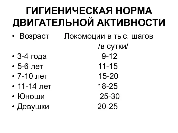 ГИГИЕНИЧЕСКАЯ НОРМА ДВИГАТЕЛЬНОЙ АКТИВНОСТИ Возраст Локомоции в тыс. шагов /в