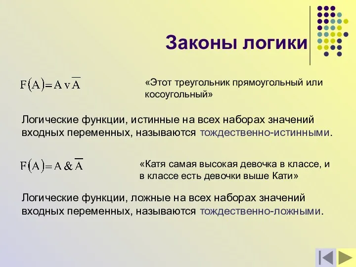 Законы логики Логические функции, истинные на всех наборах значений входных переменных, называются тождественно-истинными.