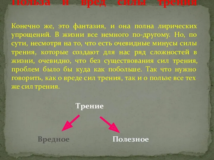 Трение Вредное Полезное Польза и вред силы трения Конечно же,