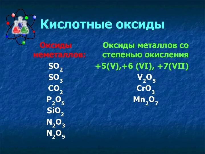 Кислотные оксиды Оксиды неметаллов: SO2 SO3 CO2 P2O5 SiO2 N2O3 N2O5 Оксиды металлов