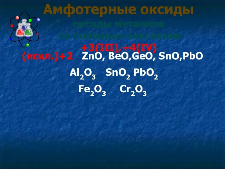 Амфотерные оксиды оксиды металлов со степенью окисления +3(III),+4(IV) (искл.)+2 ZnO, BeO,GeO, SnO,PbO Al2O3