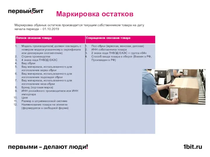 Маркировка остатков Маркировка обувных остатков производится текущим собственником товара на дату начала периода – 01.10.2019