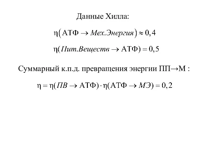 Данные Хилла: Суммарный к.п.д. превращения энергии ПП→М :