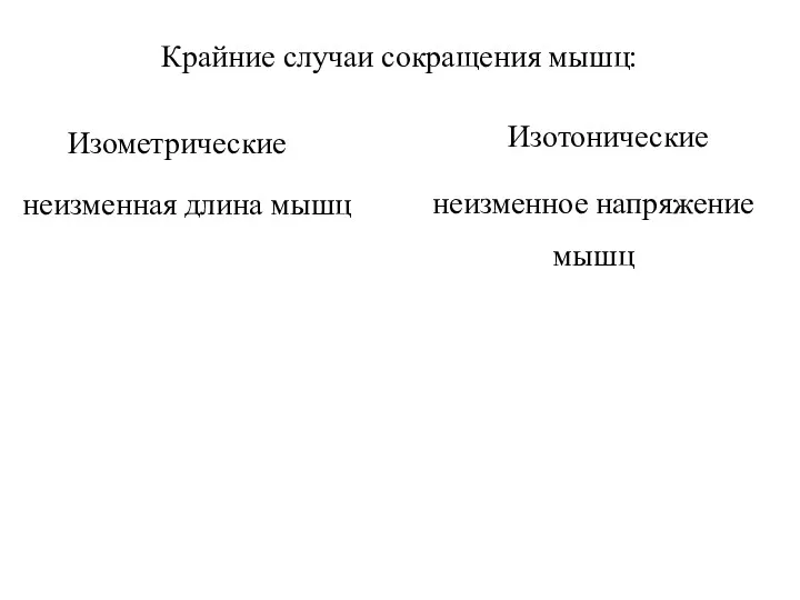 Изометрические Изотонические Крайние случаи сокращения мышц: неизменная длина мышц неизменное напряжение мышц