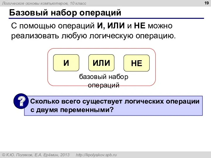 Базовый набор операций С помощью операций И, ИЛИ и НЕ можно реализовать любую логическую операцию.