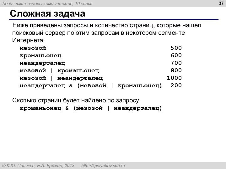 Сложная задача Ниже приведены запросы и количество страниц, которые нашел