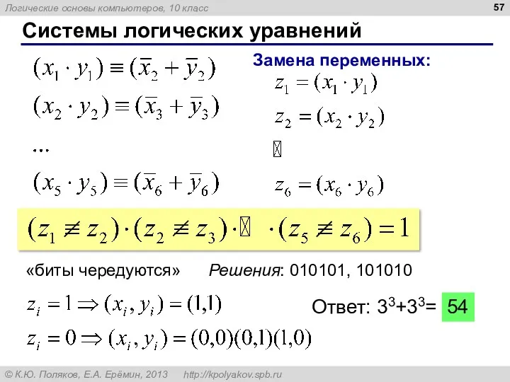 Системы логических уравнений Замена переменных: Решения: 010101, 101010 «биты чередуются»