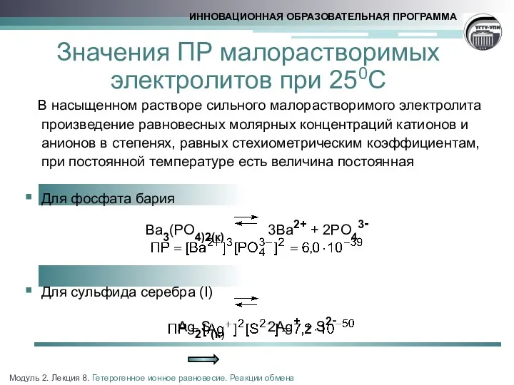 Значения ПР малорастворимых электролитов при 250С В насыщенном растворе сильного