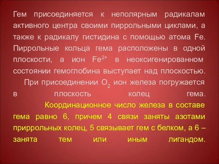 Гем присоединяется к неполярным радикалам активного центра своими пиррольными циклами,