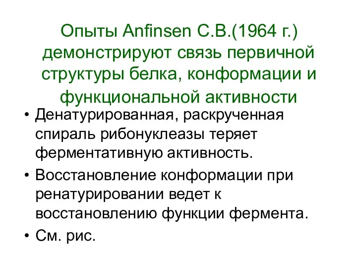 Опыты Anfinsen C.B.(1964 г.) демонстрируют связь первичной структуры белка, конформации