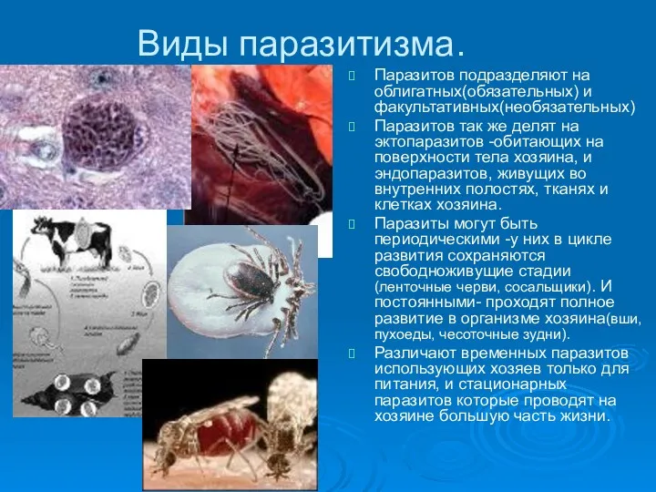 Виды паразитизма. Паразитов подразделяют на облигатных(обязательных) и факультативных(необязательных) Паразитов так