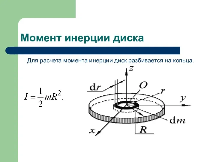 Момент инерции диска Для расчета момента инерции диск разбивается на кольца.