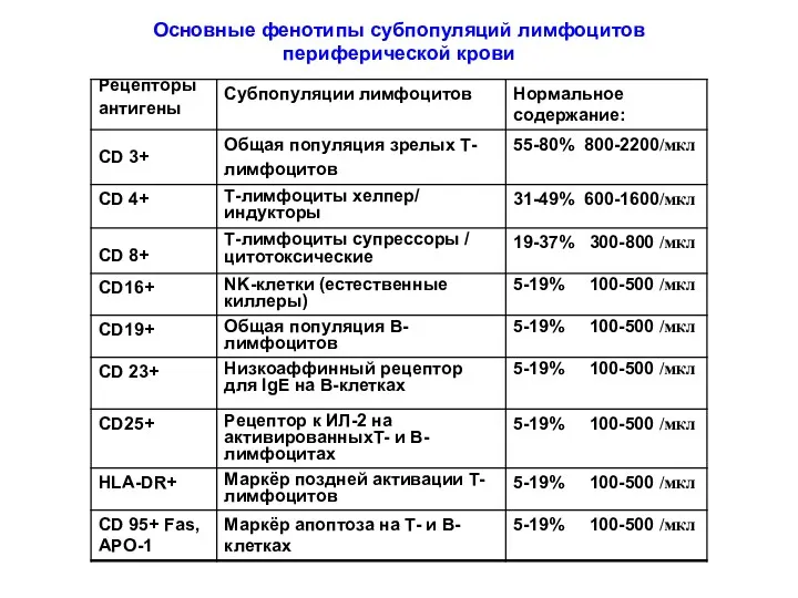 Основные фенотипы субпопуляций лимфоцитов периферической крови