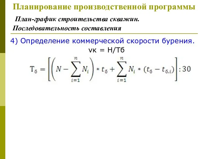 4) Определение коммерческой скорости бурения. νк = Н/Тб Планирование производственной программы План-график строительства скважин. Последовательность составления