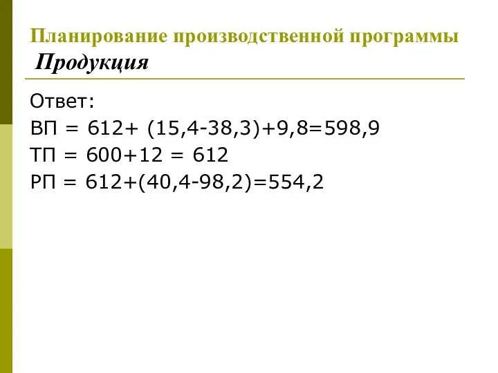 Планирование производственной программы Продукция Ответ: ВП = 612+ (15,4-38,3)+9,8=598,9 ТП