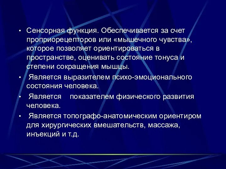 Сенсорная функция. Обеспечивается за счет проприорецепторов или «мышечного чувства», которое