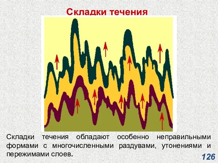 Складки течения Складки течения обладают особенно неправильными формами с многочисленными раздувами, утонениями и пережимами слоев.