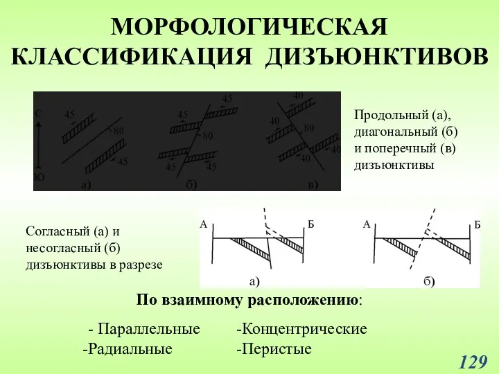 МОРФОЛОГИЧЕСКАЯ КЛАССИФИКАЦИЯ ДИЗЪЮНКТИВОВ Продольный (а), диагональный (б) и поперечный (в)