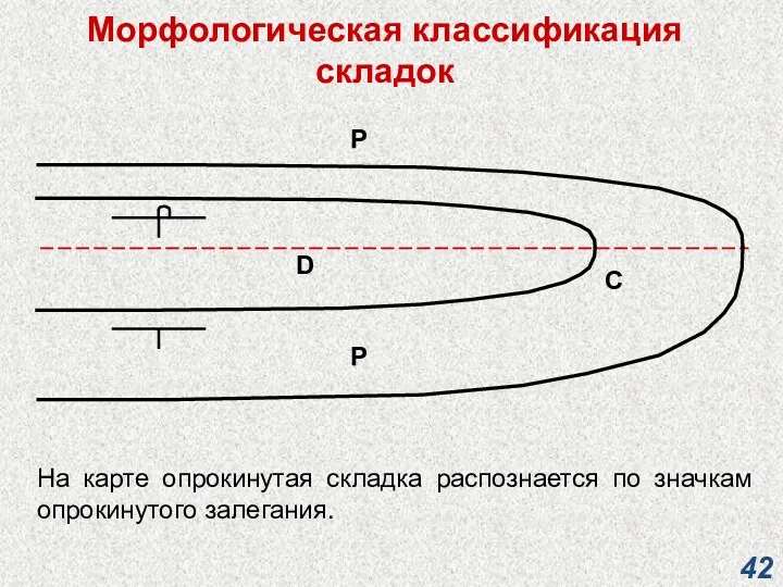 Морфологическая классификация складок D C P P На карте опрокинутая складка распознается по значкам опрокинутого залегания.